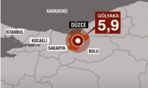 DÜZCE’DE DEPREM AFAD, saat 04.08'de merkez üssü Düzce'nin Gölyaka ilçesi olan 5,9 büyüklüğünde deprem kaydedildiğini açıkladı. AFAD, depremin derinliğini 6,81 kilometre olarak açıklarken, deprem Düzce'nin yanısıra İstanbul, Sakarya, Ankara, Eskişehir, Çankırı, Bursa, Yalova, Kocaeli, Bolu ve Edirne'de hissedildi. Deprem nedeniyle Düzce'de yaşayan 68 yaşındaki Sevim Çengel'in kalp krizi sonucu öldüğü öğrenildi. Düzce'de köylerde bazı ev ve ahırlarda hasar oluşurken, 2008 yılında inşa edilen Düzce Adliyesi'nde de hasar meydana geldi. Zonguldak'ın Ereğli ilçesine bağlı Bölücek Mahallesi Pınar Sokak’ta bulunan iki katlı evde hasar meydana geldi. Hasar gören evde yaşayan 5 kişi jandarma konutuna alındı. Deprem nedeniyle Düzce, Sakarya ve Bolu'da eğitime bir gün ara verildi. 07.13: Sağlık Bakanı Fahrettin Koca son duruma ilişkin yeni bilgiler paylaştı. Koca, sosyal medya hesabından yaptığı açıklamada şu ifadeleri kullandı; Düzce Gölyaka merkezli, birçok ilimizde hissedilen 5,9 büyüklüğündeki depremde; Düzce’de 1’i ağır 32, İstanbul’da 1, Bolu’da 1, Zonguldak’ta 1 kişi olmak üzere şu anki bilgilere göre yaralı sayısı 35’tir. Sağlık kurumlarımızdaki yaralıların tedavileri devam ediyor. 07:15: İçişleri Bakanı Süleyman Soylu, Düzce Gölyaka'ya geldi. Burada gazetecilere açıklamalarda bulunan Soylu şöyle konuştu: "70'in üzerinde artçı sarsıntı yaşandı. En son 4.3 büyüklüğünde bir artçı sarsıntı geldi. Az hasarlı ya da hasarlı binalarda durmamak lazım. Şu an ağır hasarlı bir bina ile ilgili bir bildirim gelmedi. Yaklaşık 30'un üzerinde yaralı söz konusu. Bir yaralımızın durumu ağır. Bolu'da da leğen kemiği kırık bir yaralımız var. Birkaç noktada elektrik kesintisi yaşandı. Kontrollü şekilde veriliyor. Doğalgaz, elektrik kaçakları ve birtakım fabrikalar var. Belli bir periyotta buralara elektrik verilmesi söz konusu." #düzce