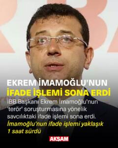 İBB'ye terör ve yolsuzluk soruşturması kapsamında ifade verme işlemleri tamamlanan İBB Başkanı Ekrem İmamoğlu dahil 91 kişi adliyeye sevk edildi. Çağlayan'daki İstanbul Adliyesi'ne getirilen İmamoğlu, önce İBB'ye yönelik terör soruşturması kapsamında savcılığa bir saat boyunca ifade verdi. İmamoğlu'nun daha sonra 'yolsuzluk' soruşturması kapsamındaki ifadesi alındı. Mahkemenin kararı bekleniyor.