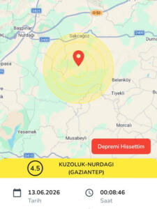 Gaziantep Nurdağı merkezli son deprem, Gaziantep'in yanı sıra Kahramanmaraş, Kilis, Osmaniye ve Hatay illerinde hissedilmiştir.Deprem DetaylarıTarih ve Saat: 13 Haziran 2026, 00:08Büyüklük: AFAD verilerine göre 4.6 (bazı sismik raporlarda 4.5)Merkez Üssü: Gaziantep - Nurdağı